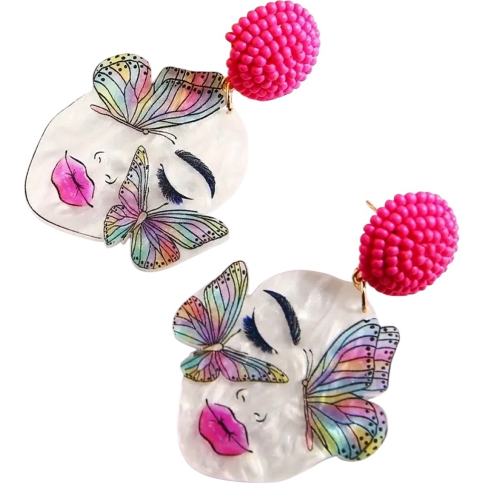 Butterfly Lady Face Dangle Earrings - Picture 2 of 3